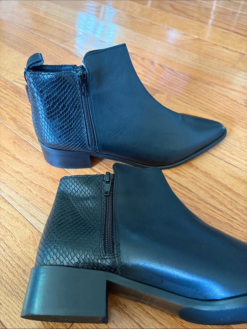 Black Pointed Leather Ankle Booties with Textured Back Panel